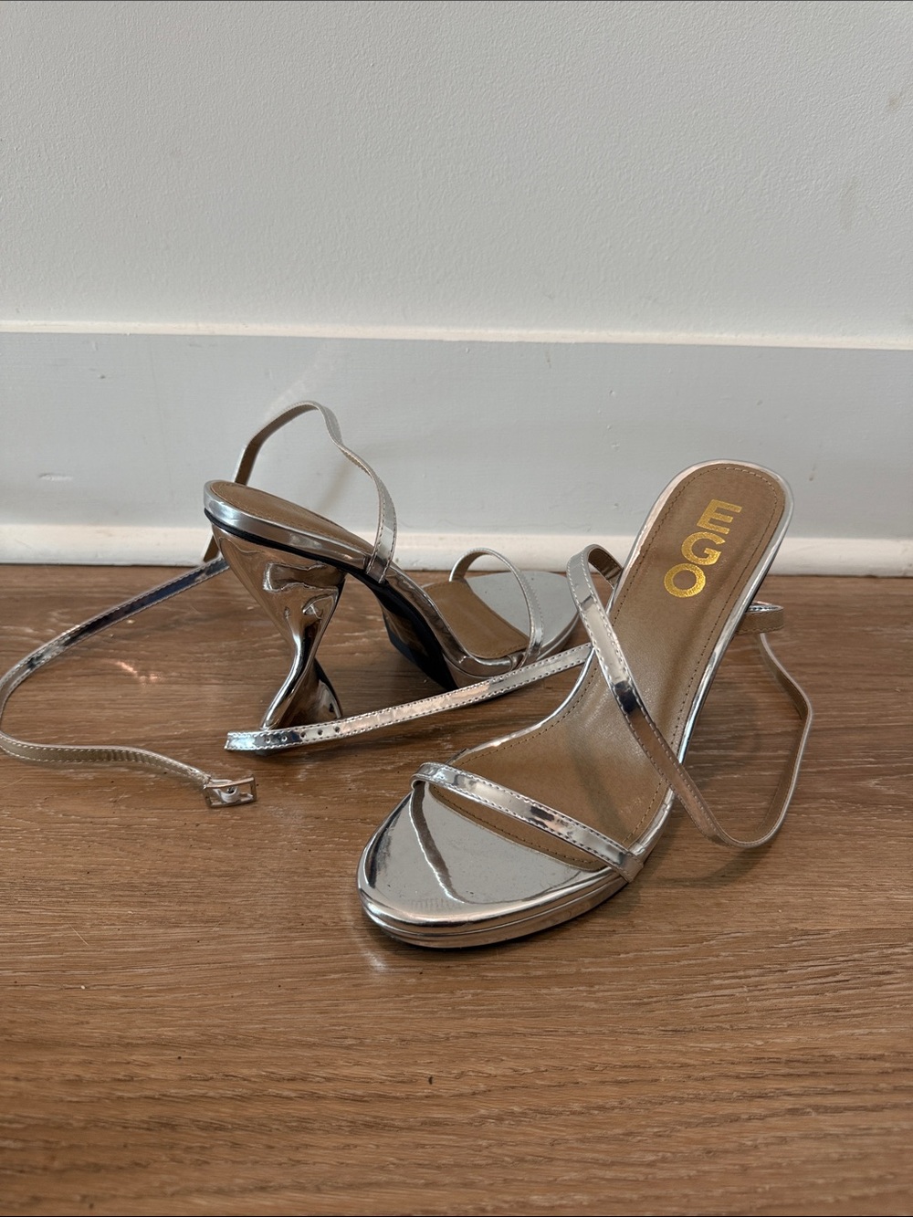 EGO Metallic Silver Strappy Stiletto Sandals